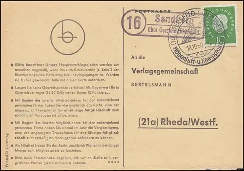 Pays-Bas Sandberg via Gersfeld (Rhönbeb.) sur carte postale SSt GERSFELD 18.10.1960