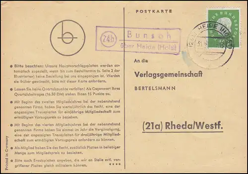 Landpost Bunsoh über HEIDE (HOLSTEIN) 31.10.1960 auf Postkarte nach Rheda