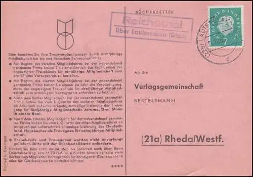 Landpost Reichsthal über LAUTERECKEN (GLAN) 26.10.1960 auf Postkarte nach Rheda