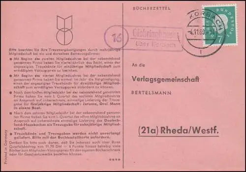 Landpost Giebringhausen über KORBACH 4.11.1960 auf Postkarte nach Rheda