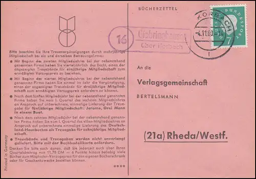 Pays-Bas: Giebringhausen via KORBACH 4.11.1960 sur carte postale vers Rheda
