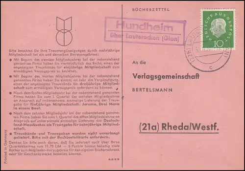 Landpost Hundheim über LAUTERECKEN (GLAN) 30.9.1960 auf Postkarte nach Rheda