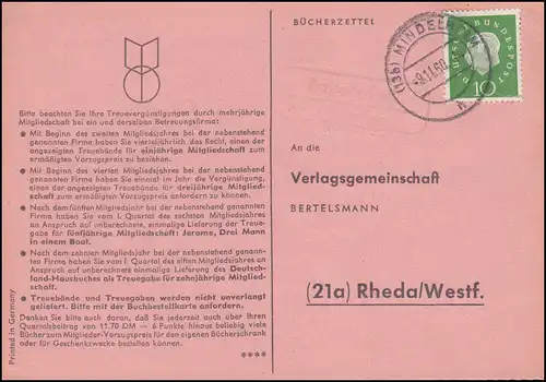 Payspost Bayersried sur MINDELHEIM 9.11.1960 sur carte postale après Rheda