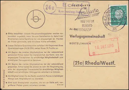 Landpost Eckel über HAMBURG-HARBURG 17.10.1960 auf Postkarte nach Rheda