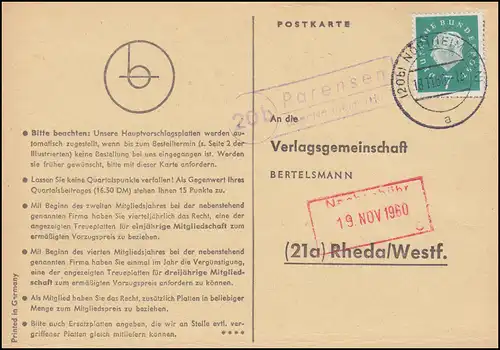 Landpost Parensen via NORTHEIM (HAN.) 18.11.1960 sur carte postale vers Rheda