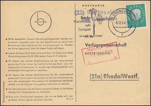 Landpost Rechtenfleth über BREMERHAVEN 6.12.1960 auf Postkarte nach Rheda