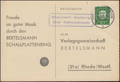 Landpost Oftersheim-Siedlung über SCHWETZINGEN 3.12.60 auf Postkarte nach Rheda