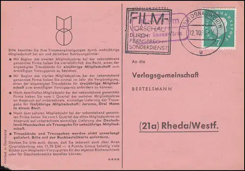 Pays-Bas Nordheim via DONAUWÖRTH 12.10.1960 sur carte postale vers Rheda