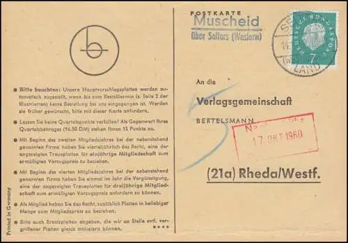 Landpost Muscheid über SELTERS WESTERWALD LAND 14.10.60 auf Postkarte nach Rheda