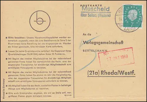 Pays-Bas: Muscheid via SELTERS WESTERWALD PAYS 14.10.60 sur carte postale vers Rheda
