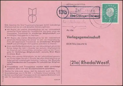 Landpost Ballhausen via DILLINGEN (DONAU) 8.10.1960 sur carte postale après Rheda