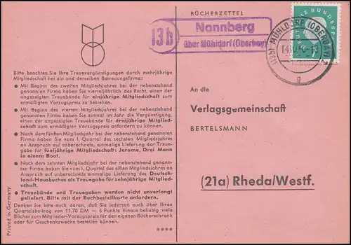 Landpost Nonnberg über MÜHLDORF (OBERBAY.) 14.10.1960 auf Postkarte nach Rheda
