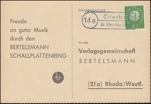 Landpost Criesbach über Künzelsau - ohne Tagesstempel auf Postkarte nach Rheda