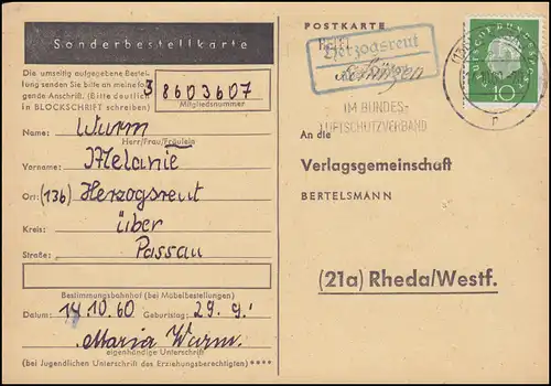 Landpost Herzogsreut über PASSAU 14.10.1960 auf Postkarte nach Rheda