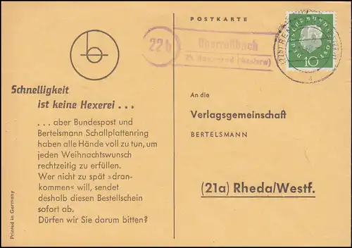 Landpost Oberroßbach über RENNEROD (WESTERW.) 2.12.60 auf Postkarte nach Rheda