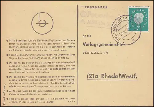 Landpost Feuerbach sur MÜLLHEIM (BADE) 31.10.1960 sur carte postale vers Rheda