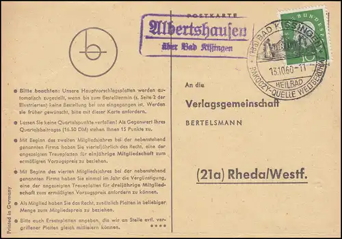 Le courrier de Landpost Albertshausen sur Bad Kissingen, carte postale SSt BAD KISSINGEN 13.10.60