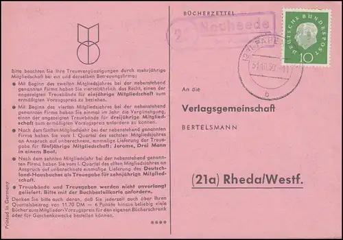 Payspost Neuheede via PAPENBURG 31.10.60 sur carte postale vers Rheda