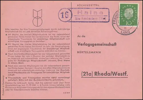 Landpost Haine über FRANKENBERG (EDER) 11.10.1960 auf Postkarte nach Rheda