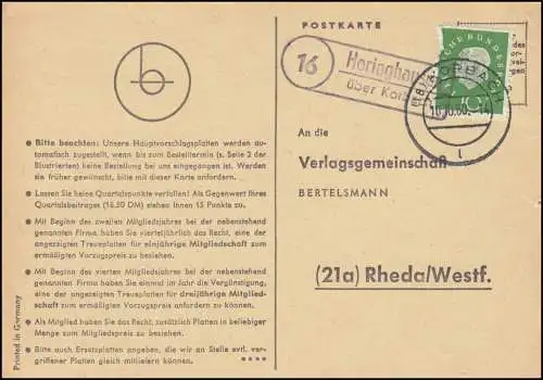 Landpost Heringhausen über KORBACH 10.10.1960 auf Postkarte nach Rheda