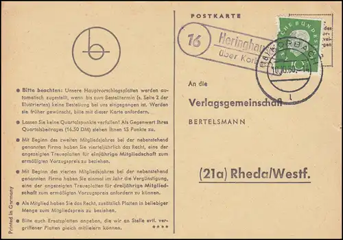 Landpost Heringhausen via KORBACH 10.10.1960 sur carte postale vers Rheda