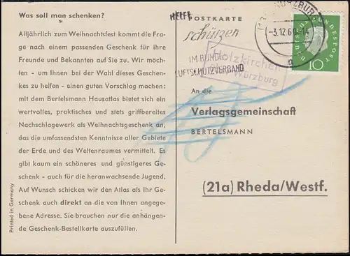 Landpost Holzkirchen über WÜRZBURG 3.12.1960 auf Postkarte nach Rheda