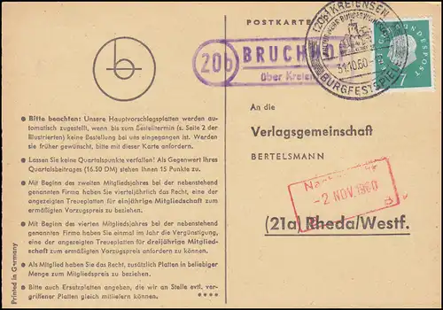 Landpost Bruchhof über Kreiensen auf Postkarte SSt KREIENSEN 31.10.60 nach Rheda