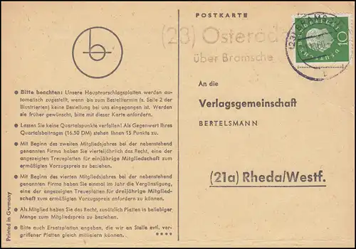 Pays-Bas: Osterode via BRAMME 21.10.1960 sur carte postale vers Rheda/Westf.