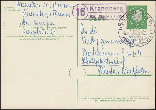 Landpost Kransberg über Usingen auf Postkarte SSt USINGEN (TAUNUS) 8.10.1960