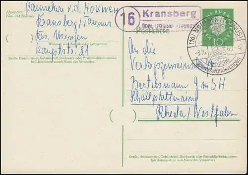 Landpost Kransberg über Usingen auf Postkarte SSt USINGEN (TAUNUS) 8.10.1960