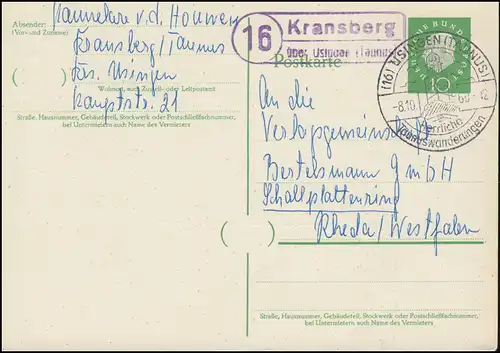 Landpost Kransberg via Usingen sur carte postale SSt USINGEN (TAUNUS) 8.10.1960