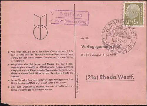 Landpost Ballern über Merzig (Saar) auf Postkarte SSt MERZIG 19.5.59 nach Rheda 