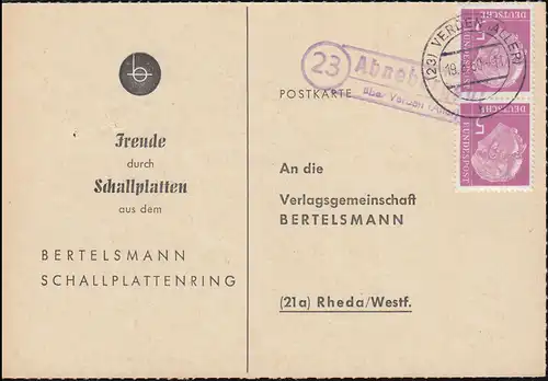 Payspost Ahnebergen sur VERDEN (TOUT) 19.8.1960 sur carte postale vers Rheda