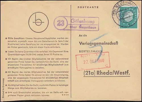 Landpost Gölenkamp über NEUENHAUS 21.10.1960 auf Postkarte nach Rheda