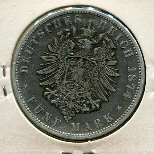 Preußen Wilhelm, kleiner Reichsadler, 5 Mark von 1874 A, Silber 900, ss