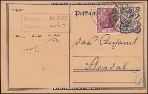 Carte postale P 146I avec supplément de 148II SALZWEDEL 27.9.22 au service d'étalonnage de Stendal