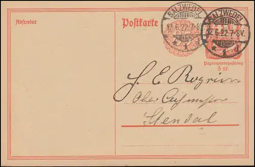 Carte postale P 153I Poseier avec l'impression rosette SALZWEDEL 12.6.22 vers Stendal