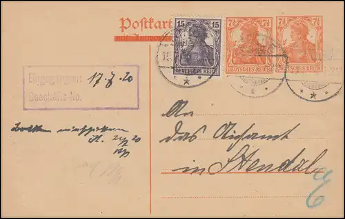 Postkarte P 119A mit Zusatzfr. 101 MiF BINDE 15.7.20 an das Eichamt in Stendal