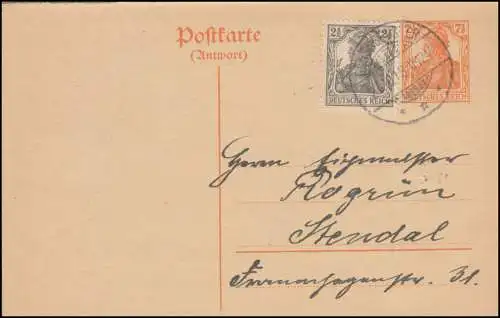 Postkarte P 112A mit Zusatzfr. 98 aus GROSSBEUSTER 23.10.18 nach Stendal