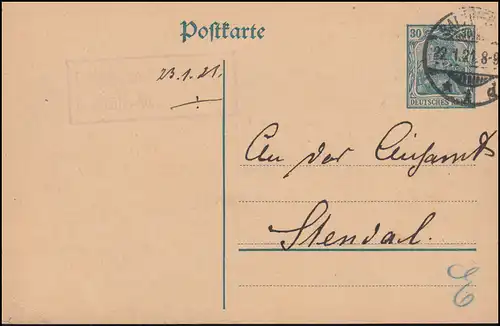 Carte postale P 120I de SALZWEDEL 22.1.21 à l'office d'étalonnage de Stendal
