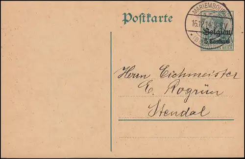 Belgien Postkarte P 1 von MARIEMBOURG (BELGIEN) 16.12.1914 nach Stendal