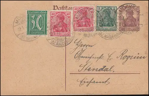 Postkarte P 116I mit Zusatzfr. Germania und Ziffer MÖCKERN 12.1.22 nach Stendal