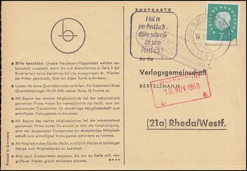 Pays-Bas Post Bardenfleth via OLDENBURG 17.11.1960 sur carte postale vers Rheda