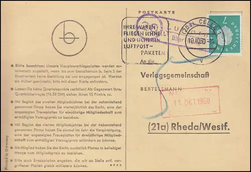 Landpost Luttern via CELLE 10.10.1960 sur carte postale vers Rheda/Westf.