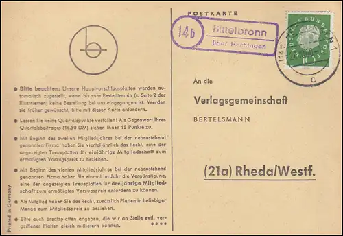 Landpost Bittelbronn via HECHINGEN 26.10.1960 sur carte postale vers Rheda/Westf.