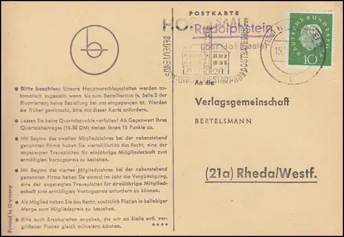 Landpost Rudolphstein über HOF (SAALE) 15.10.1960 auf Postkarte nach Rheda
