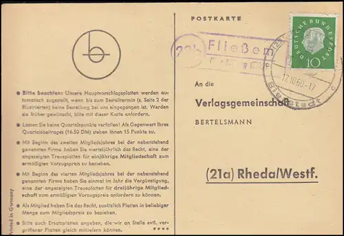 Landpost Fließem über Bitburg (Eifel), Postkarte SSt BITBURG Bierstadt 17.10.60