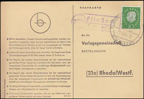 Landpost Flutem via Bitburg (Eifel), carte postale SSt BITBURG Bierstadt 17.10.60