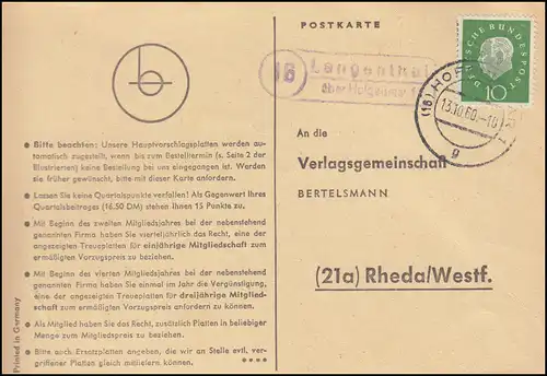 Landpost Langenthal über HOFGEISHEIM 1 - 13.10.1960 auf Postkarte nach Rheda