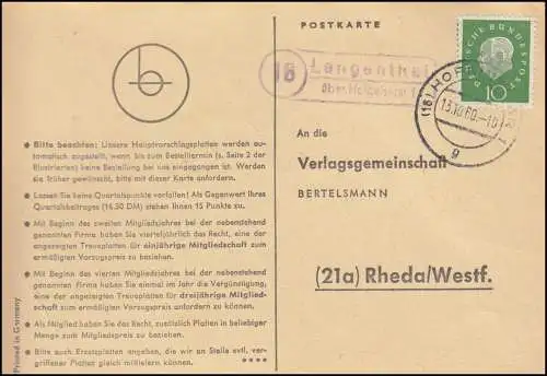 Landpost Langenthal über HOFGEISHEIM 1 - 13.10.1960 auf Postkarte nach Rheda